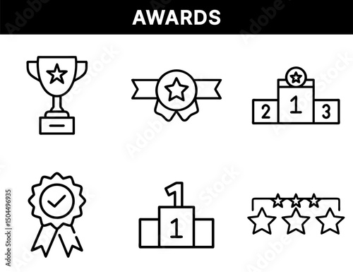 Awards and Ranking Icons – Star Trophy, Ribbon Badge, Podium Winners, Verified Award, First Place Stand, Five-Star Rating for Achievement and Recognition