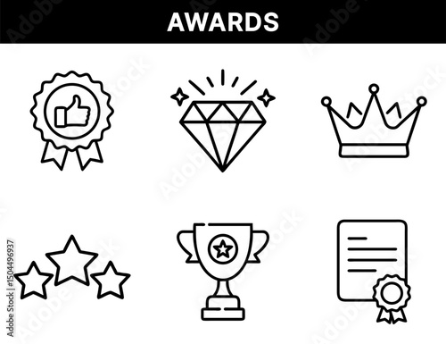 Awards and Excellence Icons – Thumbs-Up Badge, Diamond, Crown, Star Cluster, Trophy, Certificate with Ribbon for Recognition, Prestige, and Honor Achievements