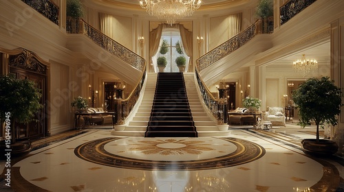 Grand, luxurious foyer with opulent double staircase, chandeliers