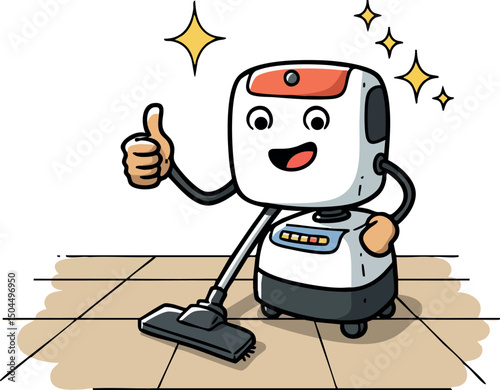Robot vacuum cleaner cartoon character giving thumbs up cleaning floor vector illustration 
