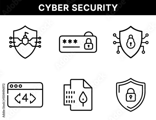 Cybersecurity and Breach Alert Icons – Network Shield, Password Lock, User Security, Error 404 Page, Binary Leak, Secured Padlock for Data Safety and Threat Detection