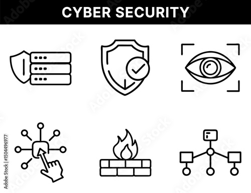 Cybersecurity and System Defense Icons – Shielded Server, Verified Protection, Eye Scan, User Access Point, Firewall, Network Nodes for Data and IT Security
