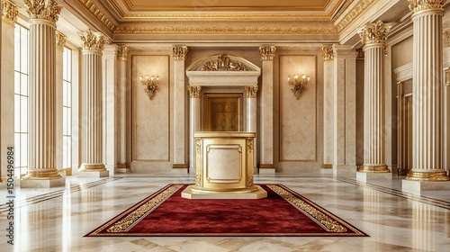 Grand, opulent courtroom interior. Gold accents, columns, ornate podium, sunlight streaming in