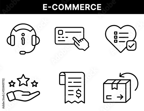E-Commerce and Customer Service Icons – Headset Support, Click Payment, Wishlist, Star Rating, Invoice Receipt, Return Package for Online Shopping Platforms