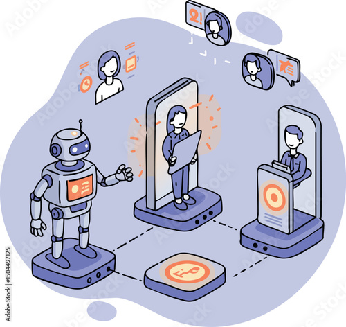 Robot interacting with virtual people and digital communication technology in isometric style 