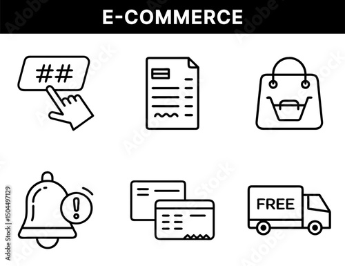 E-Commerce and Online Shopping Icons – Promo Code, Invoice, Shopping Bag, Alert Notification, Credit Card Payment, Free Delivery Truck for Digital Retail UI