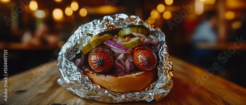 Grilled hot dog with toppings in foil. Wood table. Blurry background