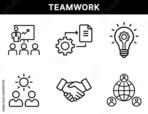 Teamwork and Collaboration Icons – Strategy Board, Workflow Document, Gear Integration, Idea Lightbulb, Handshake, Global Team Network for Business Projects