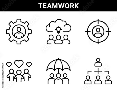 Teamwork and Leadership Icons – Team Gear, Idea Cloud, Targeted User, Group Support, Umbrella Protection, Organization Chart for HR, Projects, and Unity