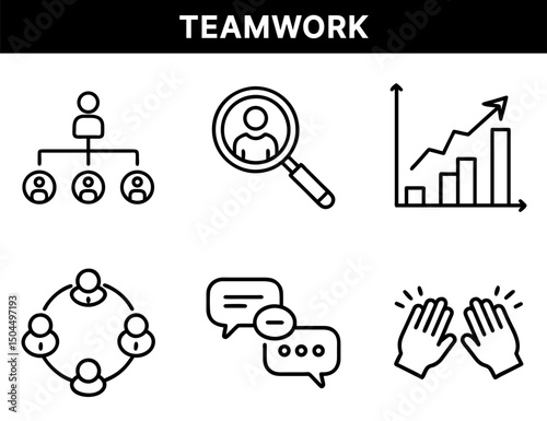 Teamwork and Growth Strategy Icons – Organizational Chart, Talent Search, Growth Analytics, Roundtable Collaboration, Communication, High Five for Success