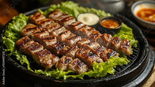 Grilled pork belly with lettuce and dipping sauces, a culinary delight