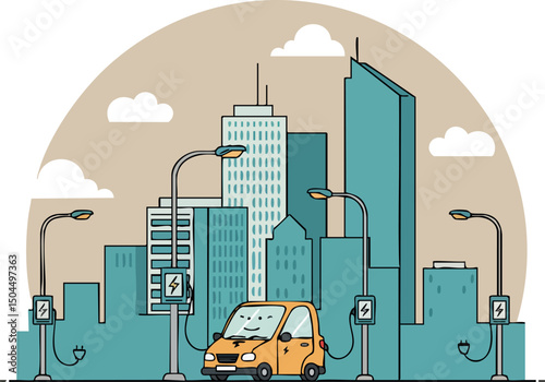 Electric car charging in urban cityscape with modern buildings and streetlights vector illustration 