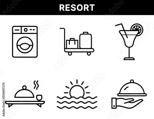 Resort and Hotel Service Icons – Laundry, Luggage Trolley, Cocktail Drink, Food Cloche, Ocean View, Meal Service for Hospitality, Travel, and Vacation Design