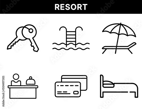 Resort Guest Services and Facility Icons – Room Key, Swimming Pool, Beach Chair, Front Desk, Credit Card Payment, Bed for Travel, Hospitality, and Vacation
