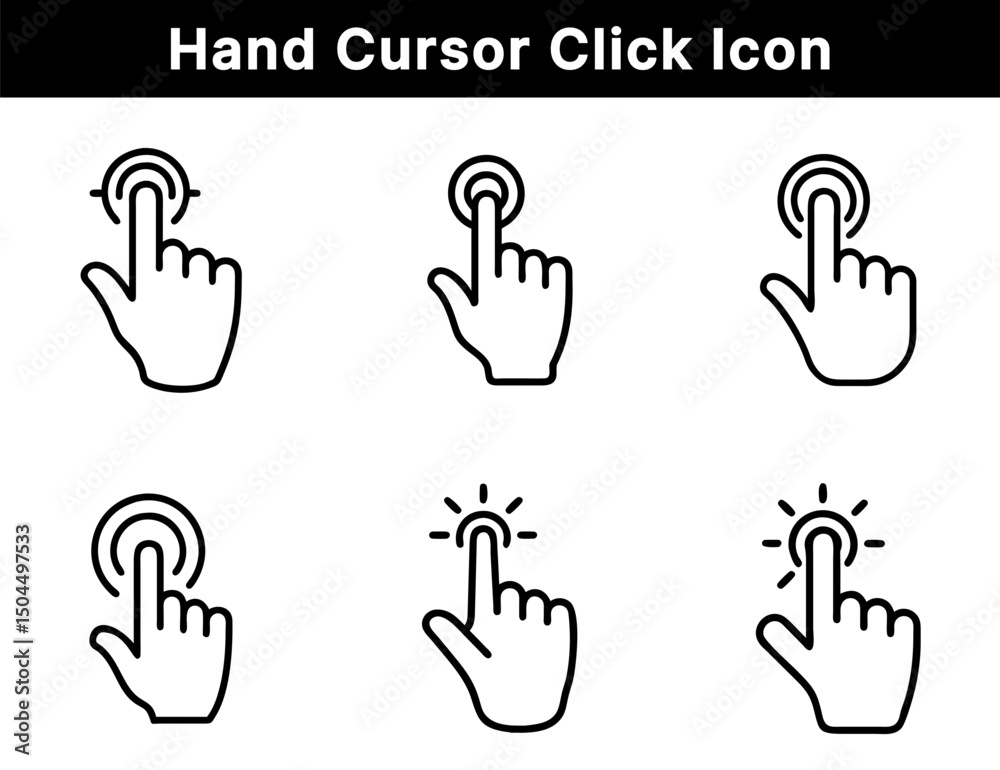 Obraz premium Hand Cursor Click Icons – Touchscreen Tap, Pointer Click, Mouse Gesture, Click Interaction, UI UX Navigation Symbols for Web and App Interface Design