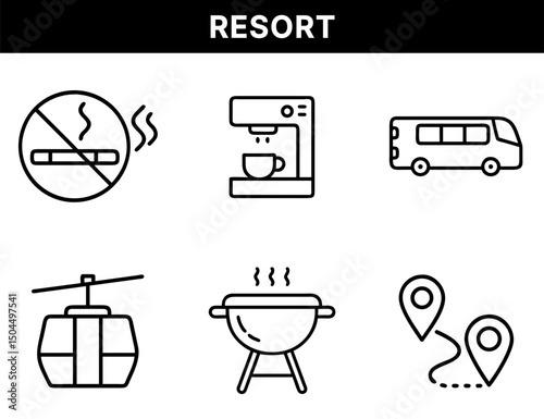 Resort and Hospitality Icons – No Smoking Sign, Coffee Machine, Shuttle Bus, Cable Car, Barbecue Grill, Map Route for Vacation, Travel, and Holiday Services