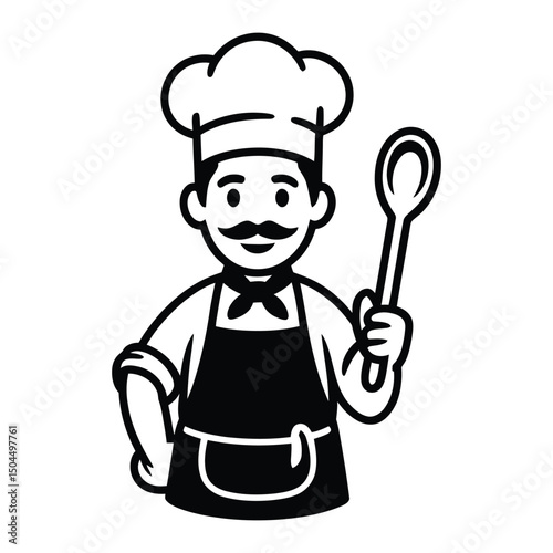 Cartoon chef in Apron Icon, Silhouette, Vector, Illustration, Outline, Logo, White Background.