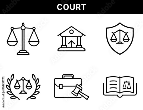 Court and Law Icons Set – Justice Scales, Courthouse, Legal Shield, Law Book, Gavel, Attorney Briefcase, Legal Symbols for Judiciary and Legal Services