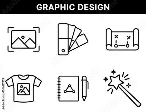 Graphic Design Elements Line Icons – Image Framing, Color Swatches, Design Plan, T-Shirt Printing, Sketchbook, Magic Wand for Creative Art and Branding