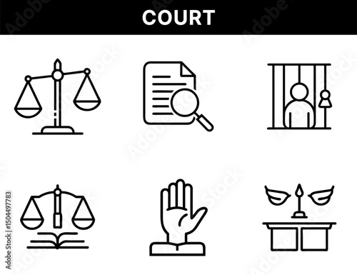 Court and Justice Law Icons – Legal Balance, Prisoner, Legal Document Review, Oath, Law Book, Lady Justice, Legal Principles, Crime and Courtroom Elements