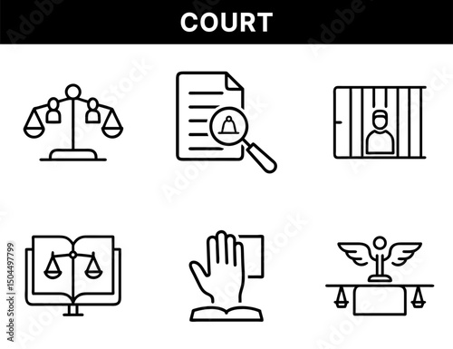 Court and Justice Law Icons – Legal Balance, Prisoner, Legal Document Review, Oath, Law Book, Lady Justice, Legal Principles, Crime and Courtroom Elements