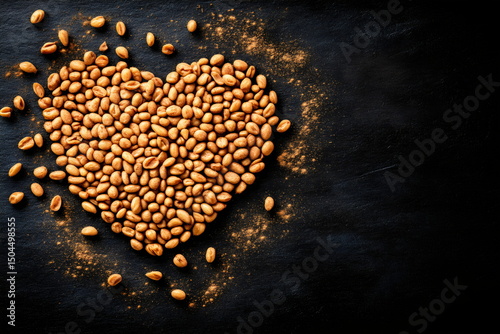 Heart-shaped roasted nuts on a dark surface evoke feelings of warmth and love for coffee culture, perfect for cafe enthusiasts