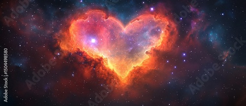 Heart-shaped nebula glowing with bright stars, cosmic dust and gas clouds
