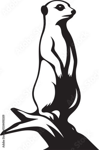 Alert meerkat standing black silhouette, Watching meerkat black white style