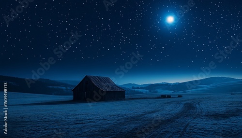 Magical nighttime landscape: Barn under starry sky with bright moon shining down