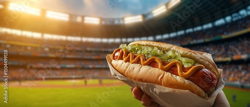 Hotdog in stadium, a classic meal with mustard & relish