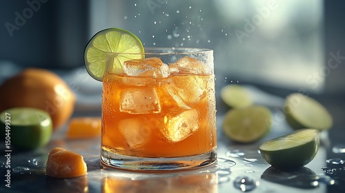 Iced drink orange liquid, ice cubes, lime slice, with light highlights