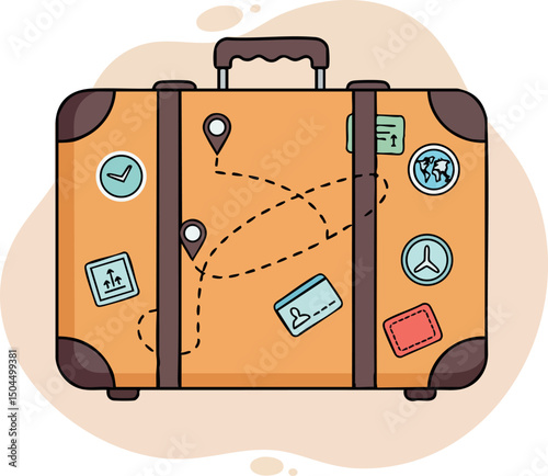 Vintage brown travel suitcase with journey stickers and destination markers vector illustration 