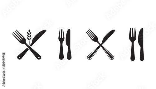 Simple Black and White Cutlery Icons with Wheat Design