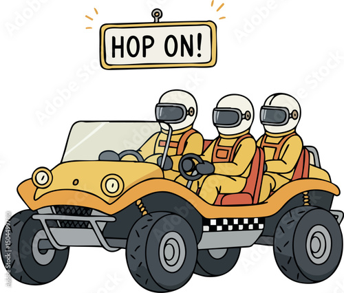 Yellow dune buggy with three people wearing helmets driving vector illustration 