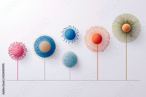 Abstract 3D illustration of virus-like structures arranged in a row resembling flowers on stems with pastel background