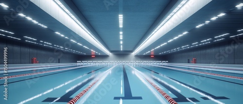 Indoor Olympic swimming pool, blue water, lane markers, lights, empty