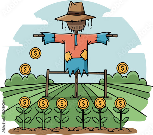 Scarecrow in field with money plants agricultural wealth illustration vector 
