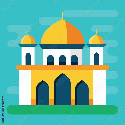 Colorful Flat Design Illustration of an Islamic Mosque with Golden Dome Coloring Page with Dome, Minaret and Islamic Architecture in Flat Style