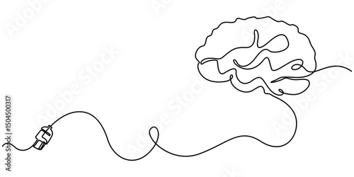 Continuous one line drawing of Human brain and plug. Genius idea and psychology concept in simple linear style. Editable stroke, Continuous one line drawing of Human brain and plug. Creative idea ins