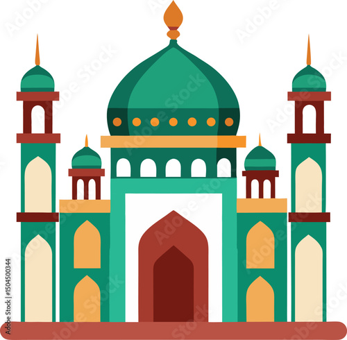 Illustration of a Colorful Mosque with Domes and Minaret Towers Coloring Page with Dome, Minaret and Islamic Architecture in Flat Style