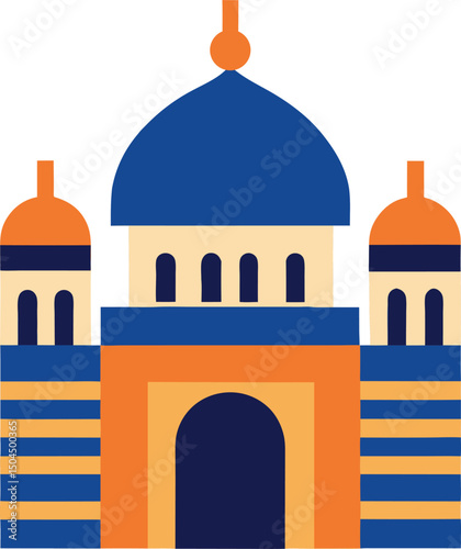 Colorful Illustration of a Mosque with Domes and Arches in Flat Style Coloring Page with Dome, Minaret and Islamic Architecture in Flat Style