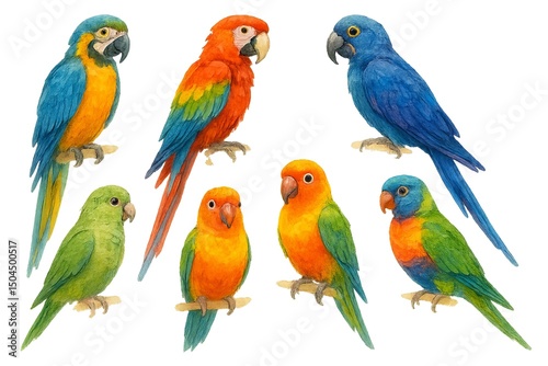 set of vibrant watercolor parrots in various colors isolated on white background. concept of tropical birds, exotic wildlife, colorful parrot illustration for design.