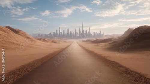 Fototapeta Naklejka Na Ścianę i Meble -  Futuristic skyline with desert road leading to modern city