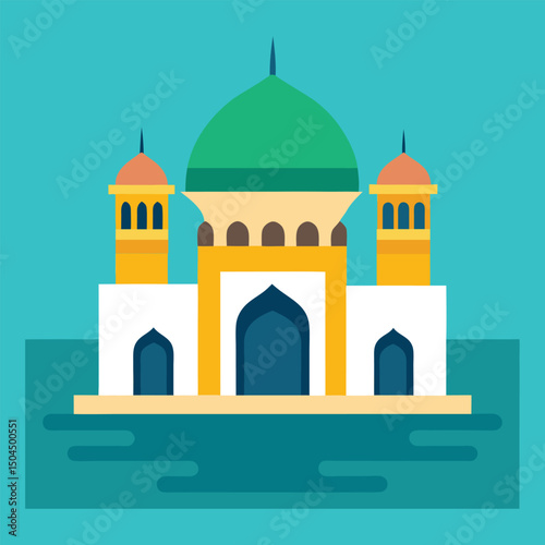 Colorful Mosque Illustration with Domes and Minarets Coloring Page with Dome, Minaret and Islamic Architecture in Flat Style