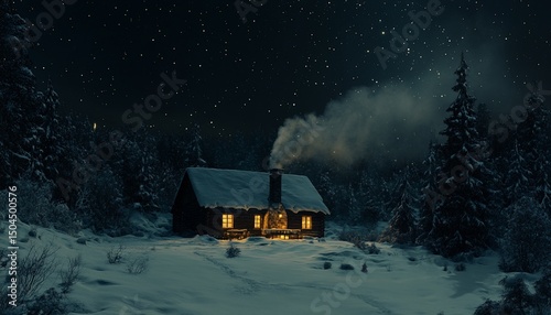 Charming winter cabin under a starlit sky glows with warmth and invites peaceful reflection