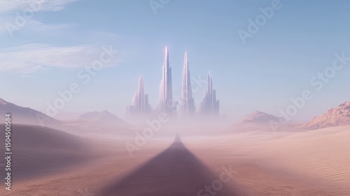 Futuristic cityscape in desert environment with endless road