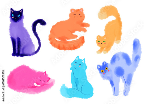 Funny cute colorful watercolor cats illustrations