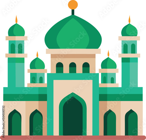 Green And Beige Mosque Illustration Depicting Architectural Details Coloring Page with Dome, Minaret and Islamic Architecture in Flat Style