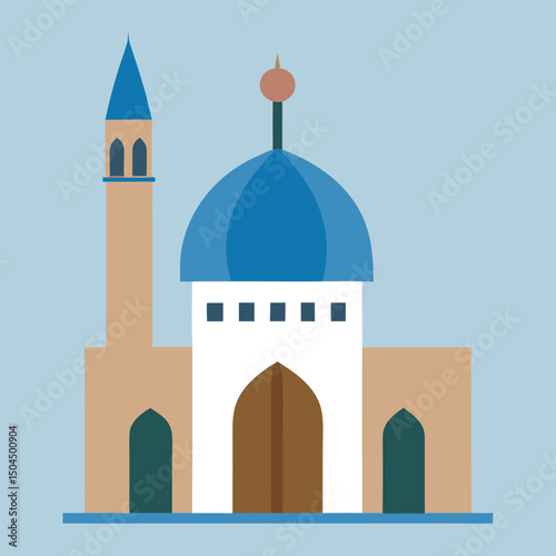 Illustration of a Mosque Building With Minaret and Blue Dome Coloring Page with Dome, Minaret and Islamic Architecture in Flat Style