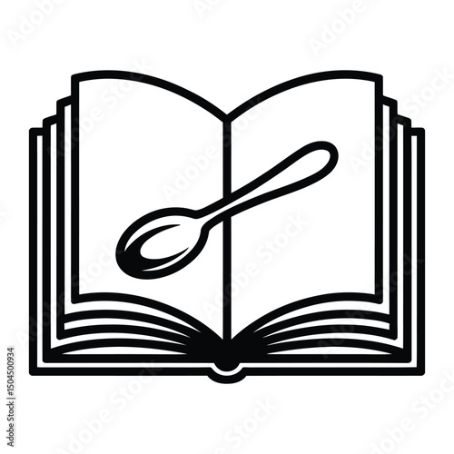 Recipe Book with Spoon Icon, Silhouette, Vector, Illustration, Outline, Logo, White Background.